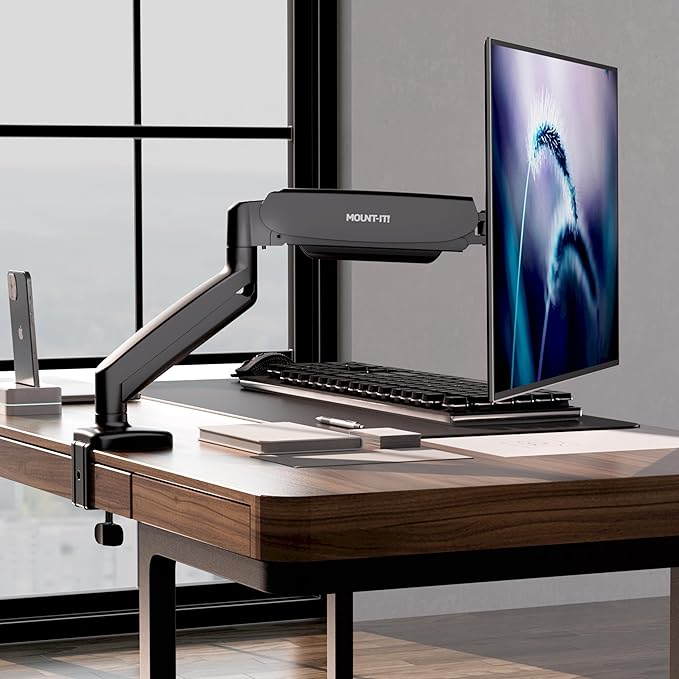 Mount-It! Monitor Arm – Single Monitor Desk Mount, Articulating Gas Spring Arm, Fully Adjustable 13"-32" Screens, VESA 75x75 100x100, Clamp & Grommet Base, Holds 17.6 lbs