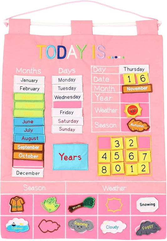 The Peanutshell Learning Calendar Wall Chart - Homeschool Supplies, Interactive Pocket Chart for Toddlers & Kids - Preschool Learning Activity Board, Circle Time Board for Classroom - Pink Today is