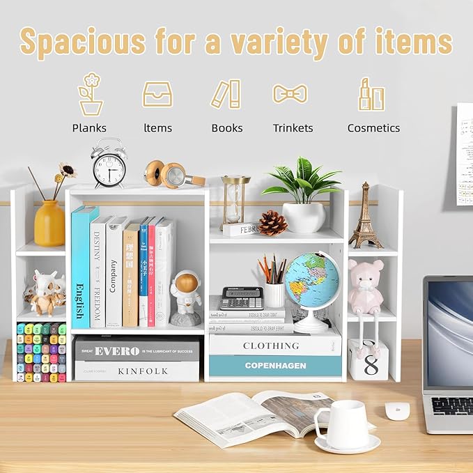 YIGANG White Desk Shelf Organizer, 3-Tier Desktop Bookshelf for Computer Desk, Small Tabletop Hutch Storage Rack, Wood Office Supplies Organizer for Dorm, Home & Student (29 Inch Wide)