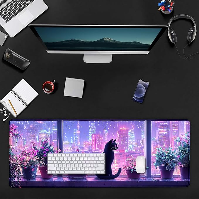 Modern Black Cat City Night Scenery Large Mouse Pad, Desk Mat Computer Keyboard Pad Non-Slip Rubber Base Waterproof with Stitched Edges for Laptop Gaming, Office & Home 31.5 x 11.8 Inch (XL-18)