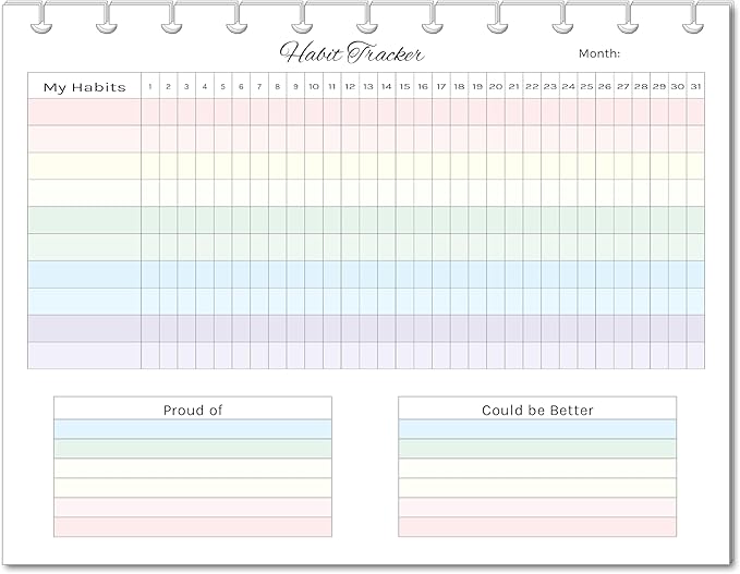 Horizontal Habit Tracker Inserts for 7, 9, 11 Disc | Mini, Classic, Skinny, Big, Letter, Junior Size Planners | Color or Black & White | Monthly Habit Log (Color, 11-Disc Letter)
