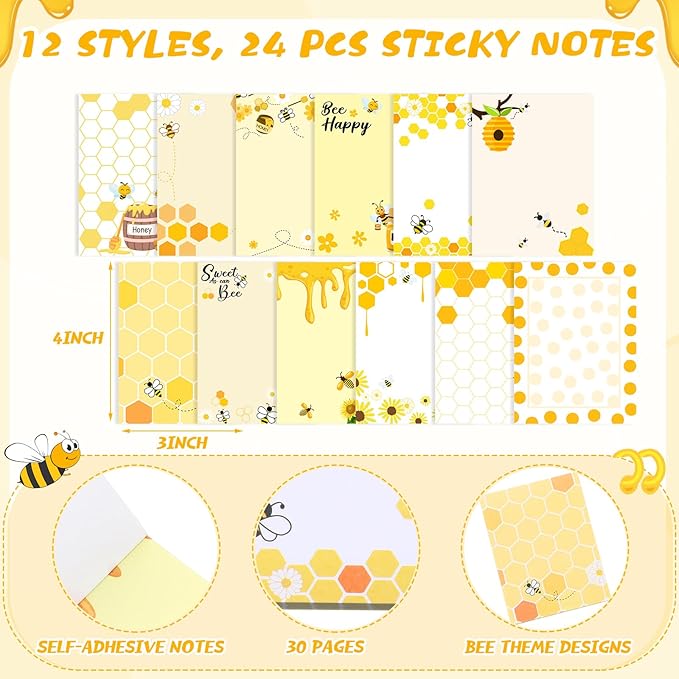 48 Pcs Bee Sticky Notes with Pens Bee Theme Stationery Set Cute Note Pads Adesive Memo Notes Honey Pattern Black Ink Ballpoint Pens for School Office Home Supplies Students Teachers Christmas