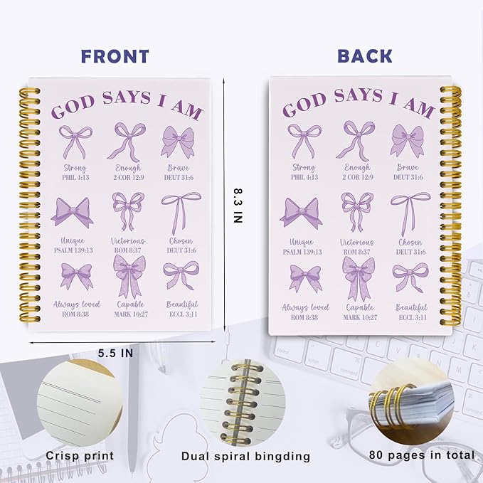 Bible Journal for Women, Christian Prayer Journal Pureple Notebook Gifts for Teen Girls Kids Women, Back To School Bible Study Supplies，Coquette Preppy Bows Cute Church Faith Journaling Hardcover Spiral Notebook 5.5 X 8.3