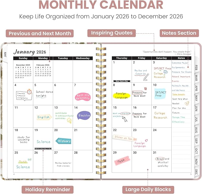 2026 Planner, Weekly and Monthly Planner for Women, Jan 2026 - Dec 2026 Pretty 2026 Calendar Planner with Monthly Tabs, Inner Pocket, Spiral Binding, Perfect for Office Home School - 8.5" x 11", Pastel Floral