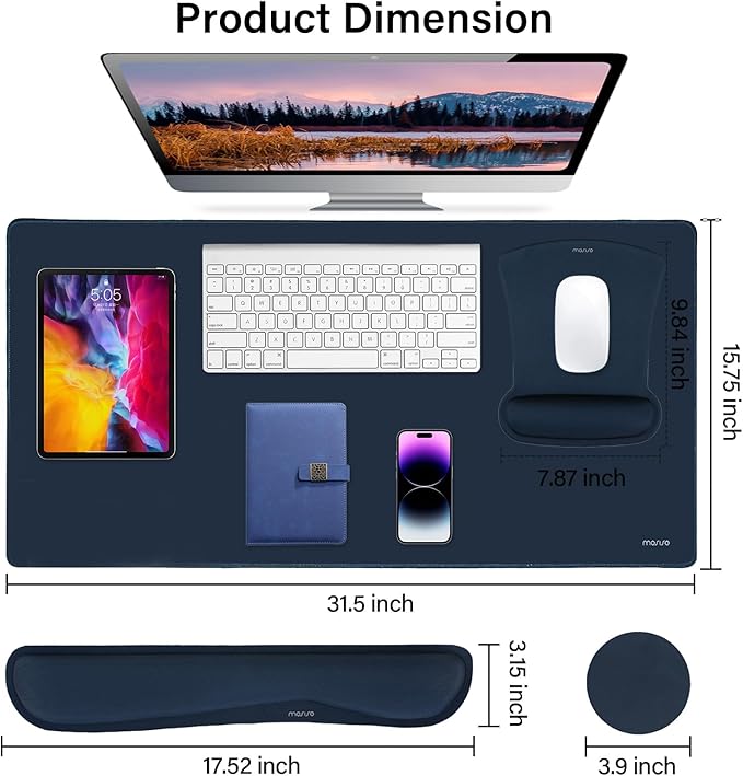 MOSISO Keyboard Mouse Pad Set, Large Gaming Mousepad&Keyboard Wrist Rest&Mouse Wrist Rest&Coaster, Ergonomic Non-Slip Mousepad&Easy Typing Cushion with Memory Foam for Home Office, Haze Blue