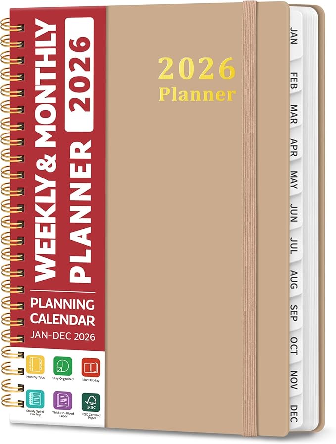2026 Planner, Weekly and Monthly Calendar Planner, January 2026 - December 2026, Hardcover 2026 Calendar Book with Tabs For Women & Men, Inner Pocket, Spiral Bound, Perfect for Office Home School Supplies - A5 (6.3" x 8.5"), Oat Brown