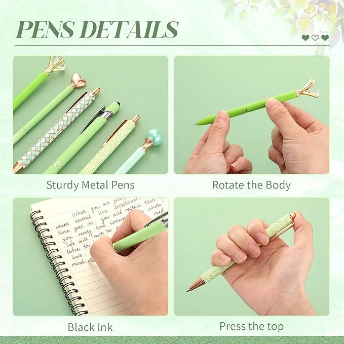 6 Pcs Ballpoint Pens Set Metal Crystal Diamond Pen for Journaling Glitter Pretty Cute Stationery Black Ink Fancy Gifts for Women Girls Teacher Office Wedding School Supplies(Green Series)