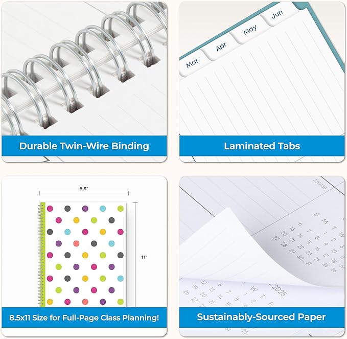 Blue Sky 2025-2026 Weekly and Monthly Academic Year Teacher Lesson Planner Calendar, July 2025 - June 2026, 8.5" x 11", Flexible Cover, Wirebound, Laminated Tabs, Storage Pocket, Dots