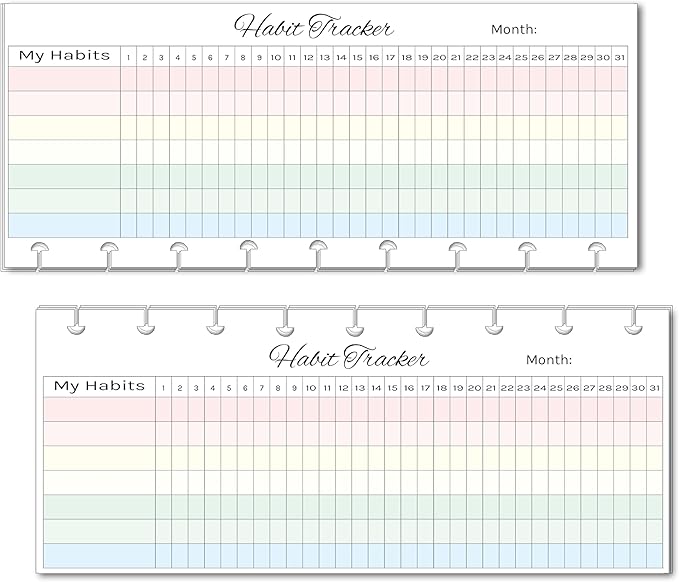Horizontal Habit Tracker Inserts for 9 Classic Skinny Size Planners | Color or Black & White | Monthly Habit Log (Color, 9-Disc Skinny)