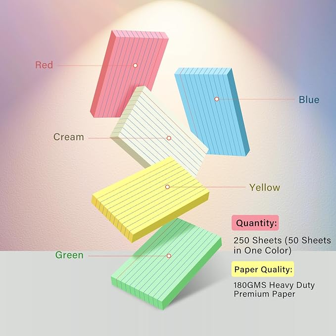 250 Count Colored Index Cards 3 x 5, Heavy Note Cards, Flash Cards College Ruled for School, College, Office and Home Organization, Durable Study To Do List Note Cards with Ruled Lines