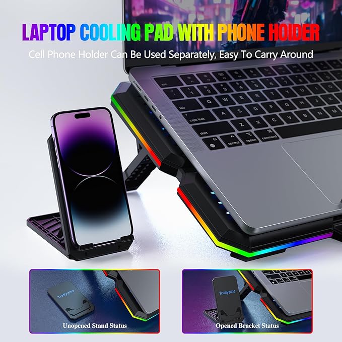 Laptop Cooling Pad, Gaming Laptop Cooler with 10 Quiet Fans, Height Adjustable Laptop Cooling Stand for 12"-17" Laptops, RGB Lights with Laptop Fan with 2 USB Port and Phone Stand