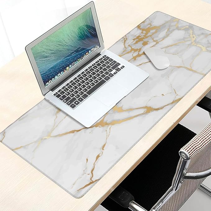 White and Gold Marble Mouse Pads XXL Extended Mousepad with Stitched Edges Non-Slip Rubber Base Computer Keyboard Pad Desk Mat for Home Office Desk Decor, 35.4" X 15.7"