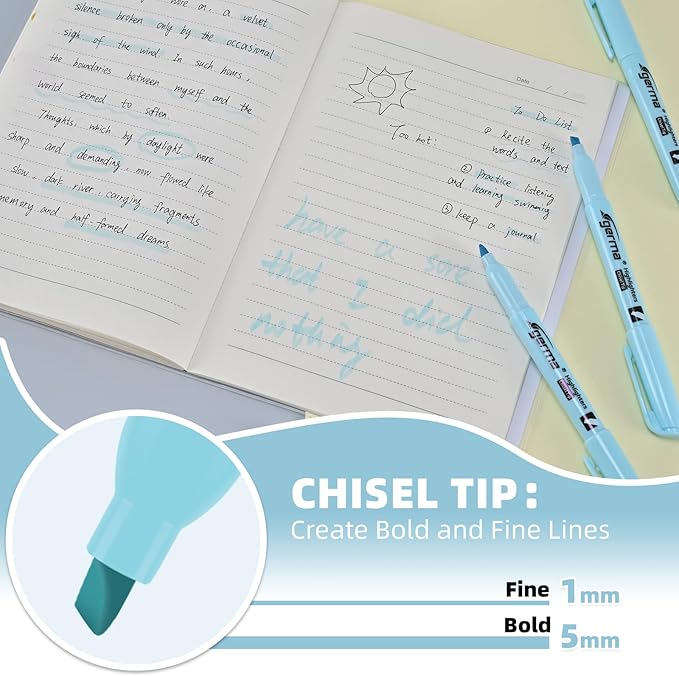 Blue Highlighters 12 Pack, Mild Pastel Color, Chisel Tip Bible Highlighters No Bleed, Quick-Drying, Cute Aesthetic Markers for Journaling, Bible Study, School Office Supplies
