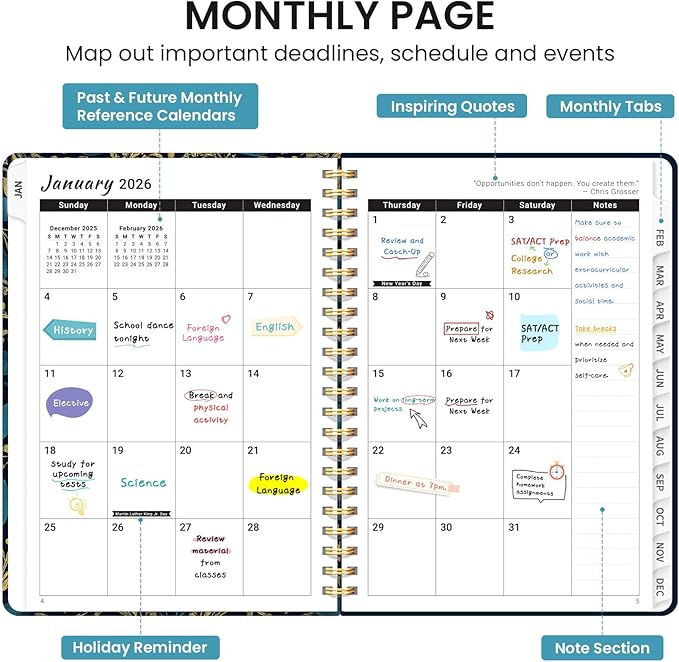 2026 Planner, Weekly and Monthly Calendar Planner for Women, Jan 2026 - Dec 2026, Hardcover Planning Agenda book with Tabs, Spiral Bound, Inner Pocket, Perfect for School Office Supplies, 6.3" x 8.5" - Golden Elegance