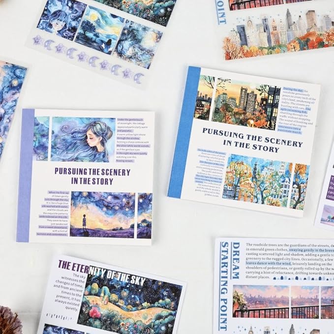 Dwpetzo 40 Sheets Pre-Cut PET Washi Sticker Books for Journaling, 2Pack Watercolor City and Night Sky Themes, Scrap Book Stickers for Scrapbooking, Junk Journal Supplies, Aesthetic Collage