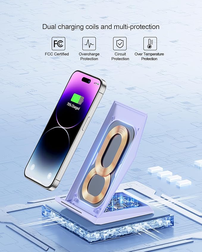NANAMI Wireless Charger - Fast Qi-Certified Wireless Charging Stand Compatible Apple iPhone 17/17 Pro/17 Pro Max/16/15/14/13/12 Pro, Desktop Phone Charger for Samsung Galaxy S25/S24/S23/S22/S21