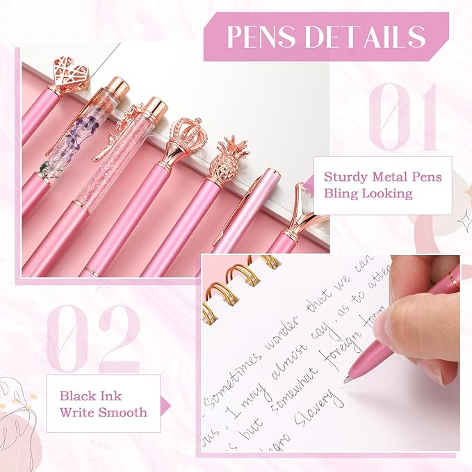 Janmini 9 Pcs Ballpoint Pens Set Metal Crystal Diamond Glitter Pens for Journaling Black Ink Pretty Cute Things Fancy Stationery Gifts for Women Girls Birthday Home Office Desk(Pink Purple)