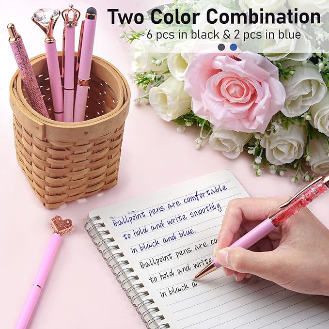 WEMATE 8Pcs Ballpoint Pens Set Metal Crystal Diamond Glitter for Journaling Pink Pen Bling in Black & Blue Ink Pretty Cute Fancy Mothers Day Gift for Women Wedding School Office Desk(Pink)