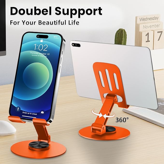Universal Metal Cell Phone Stand, Multi-Angel Adjustable 360° Rotation Non-Slip Metal Phone Stand Compatible with iPhone 17 16 Pro Max and All Smartphones (Orange)