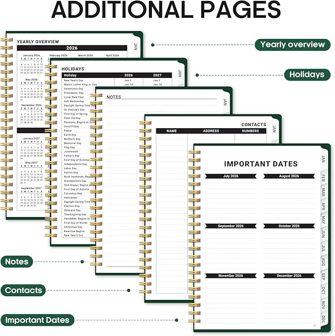 2026 Planner, Weekly and Monthly Calender Planner, Jan 2026 to Dec 2026, Hardcover 2026 Calendar Book with Tabs & Inner Pocket, Office Home School Supplies for Women & Men - A5 (6.3" x 8.5"), Dark Green
