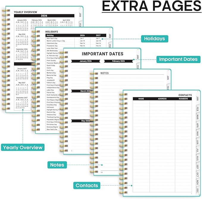2026 Planner, Weekly and Monthly Calendar Planner, January 2026 - December 2026, Hardcover 2026 Calendar Book with Tabs For Women & Men, Inner Pocket, Spiral Bound, Perfect for Office Home School Supplies - A4 (8.5" x 11"), Aquamarine
