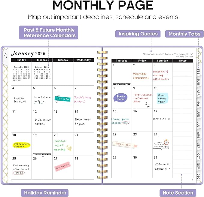 2026 Planner, Weekly and Monthly Calendar Planner, January 2026 - December 2026, Hardcover 2026 Calendar Book with Tabs For Women & Men, Inner Pocket, Spiral Bound, Perfect for Office Home School Supplies - A4 (8.5" x 11"), Purple