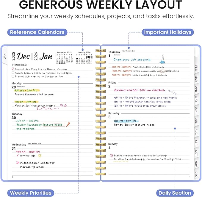 2026 Planner, Weekly and Monthly Calender Planner, Jan 2026 to Dec 2026, Hardcover 2026 Calendar Book with Tabs & Inner Pocket, Office Home School Supplies for Women & Men - A4 (8.5" x 11"), Lavender