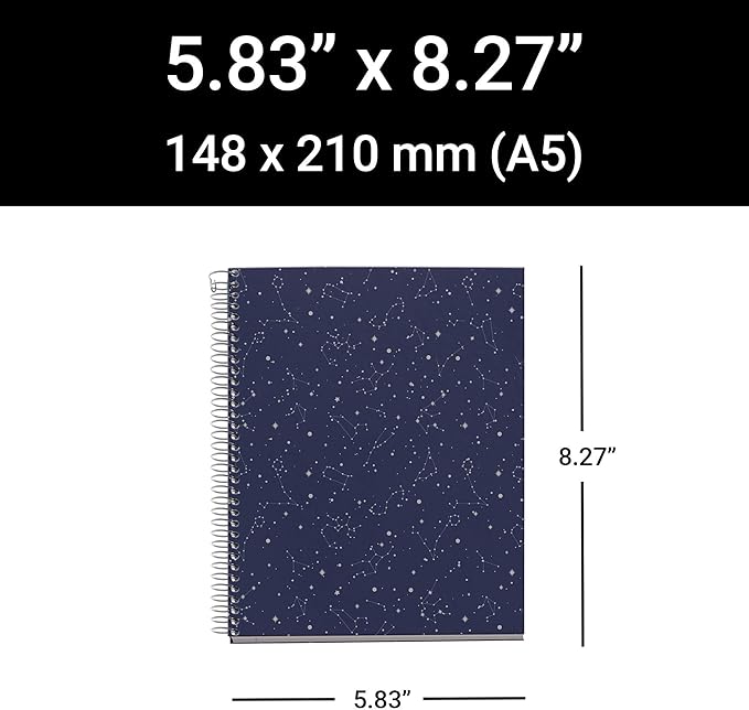 Miquel Rius M Fashion 4 Subject Notebook, Lined A5-8.27" x 5.83" 120 Sheets Heavyweight Paper, Subjects Separated by color, 2 Hole Punched, Micro-Perforated, Cosmos Design, Multicolor
