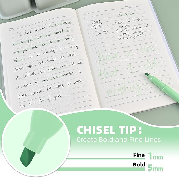 Green Highlighters 12 Pack, Mild Pastel Color, Chisel Tip Bible Highlighters No Bleed, Quick-Drying, Cute Aesthetic Markers for Journaling, Bible Study, School Office Supplies