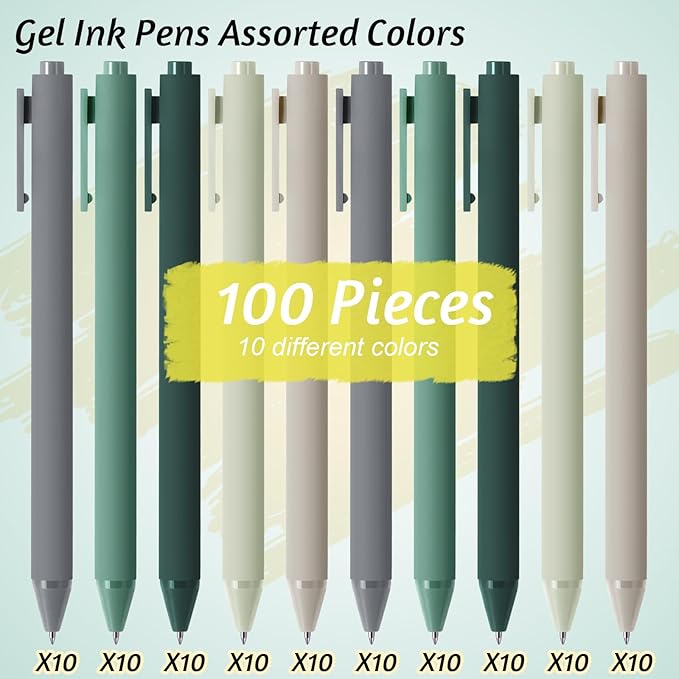 Crtiin 100 Pcs Gel Ink Pens Bulk, Black Ink 0.5mm Fine Point Retractable Pen Smooth Writing Office Supplies for Teacher Server Nurse Valentine Galentine Gift (Green Series)