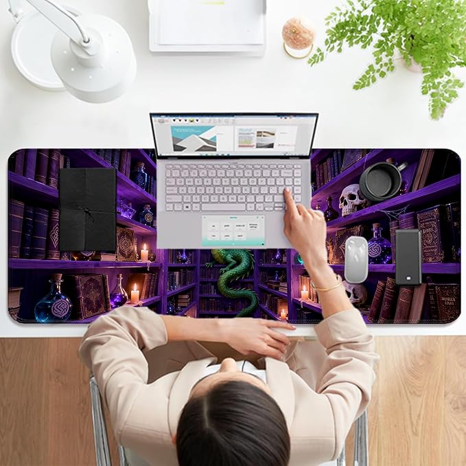 Fantasy Magic Bookshelf and Dragon XL Large Desk Mat, Extended Long Desk Pad for Gaming and Office, Non-Slip Rubber Base, Comfortable Surface Mouse Pad, 31.5x11.8 in (H26)
