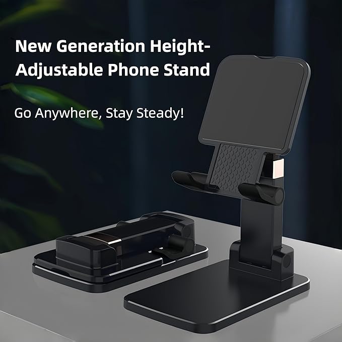 Foldable & Height Adjustable Phone Stand for Desk, Super Stable Cell Phone Holder, Universal for iPhone/iPad/Tablets, Portable Pocket-Sized Stand for Home Office Kitchen - Black