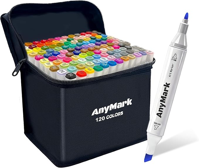 AnyMark Alcohol Markers, 120 Colors Dual Tip Art Coloring Markers Set for Adult Book Drawing Sketching Painting, Chisel & Fine, White Penholder