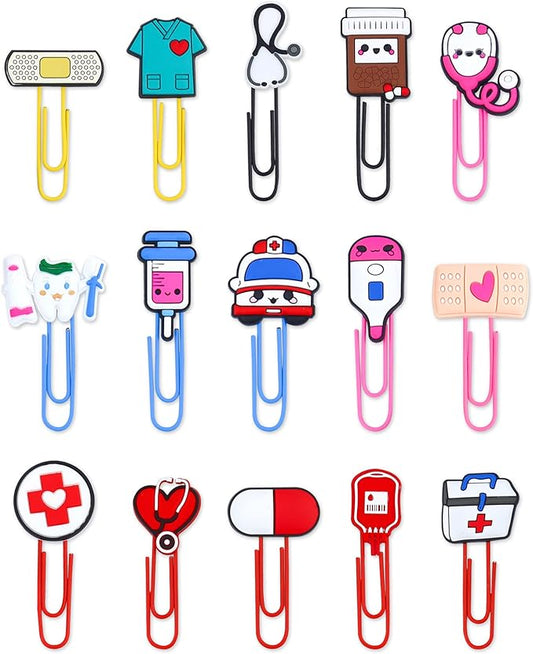 15 Pcs Cute Bookmark Paper Clips Cartoon Silicone Bookmarks with Colorful Paperclips for Girls Student Stationery Nursing Student Essentials