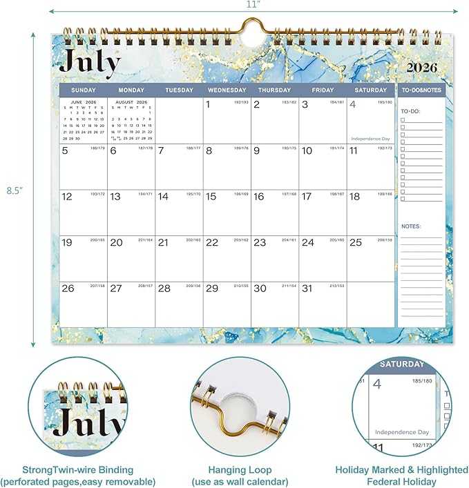 2026 Calendar - 18 Monthly Wall Calendar, July 2025 - December 2026,8.5" x 11", Calendar 2026 with Twin-Wire Binding, Hanging Hook, Blocks and Julian Dates (Calendar Blue)