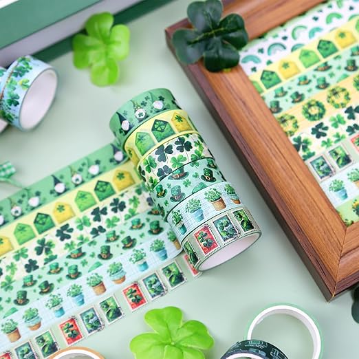 St. Patrick's Day Washi Tape Set, 12 Rolls Green Themed Decorative Tape Shamrocks Lucky Masking Tape for Journaling Supplies, Junk Journal, Scrapbooking, DIY Arts & Crafts, Gift Wrapping