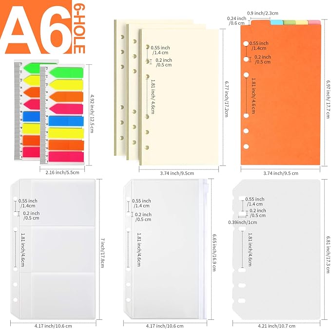 LEOBRO A6 Blank Paper, 135 PCS Planner Inserts for A6 Binder, Notebook, Loose Leaf Paper Refill with Binder Pockets & Dividers & Paperboard, Planner Refills (6.73"x3.74")