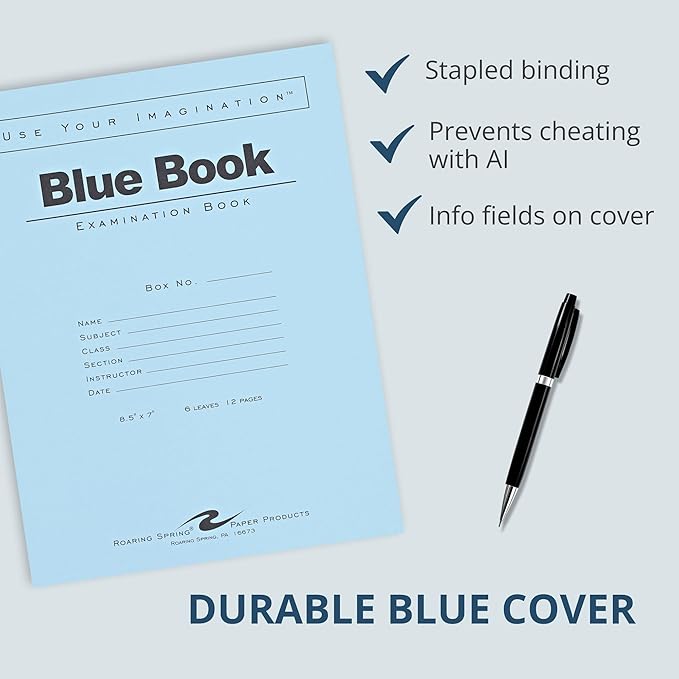 ROARING SPRING Exam Blue Books, 50 School Examination Booklets, 8.5" x 7", 6 Sheets/12 Pages, Wide-Ruled with Margin Student Testbook, Made in USA