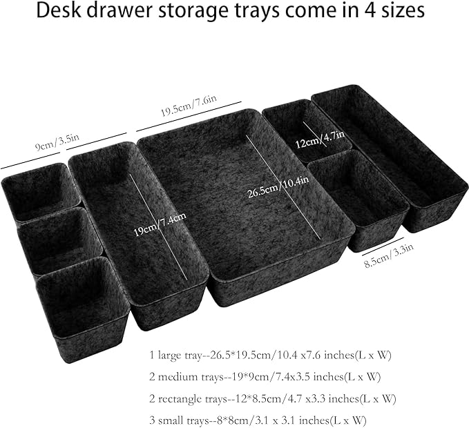 8pcs Drawer Organizer Bins, Felt Desk Organization Sets, Office Accessories & Workspace Organizers, Shallow Jewelry Makeup Storage Box Basket Shelf Containers Separators Inserts(Black)