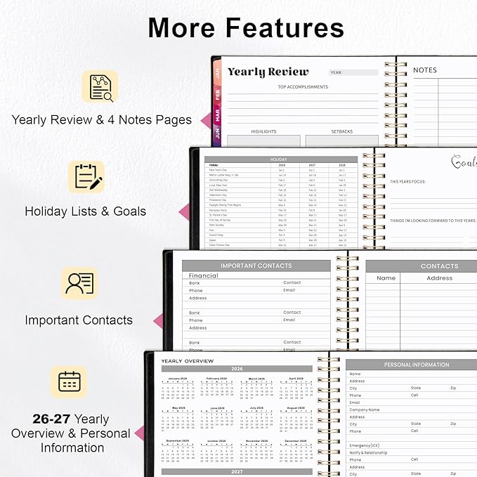 Oucaru 2026 Planner, Weekly and Monthly Planning Calendar, Jan 2026 - Dec 2026, 6.3" x 8.5", Spiral Bound, 12 Habit Trackers & Monthly Tabs, 2 Storage Pockets, Perfect for Office Home School Supplies