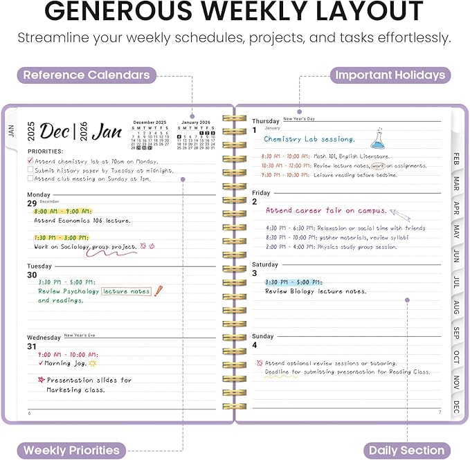 2026 Planner, Weekly and Monthly Calender Planner, Jan 2026 to Dec 2026, Hardcover 2026 Calendar Book with Tabs & Inner Pocket, Office Home School Supplies for Women & Men - A4 (8.5" x 11"), Purple