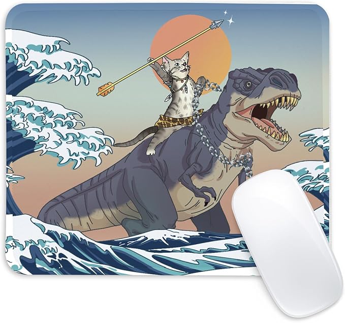 Dinosaur and Cat Square Mouse Pad,Non-Slip Rubber Base Mouse Pad,Home Office Decoration Desktop Accessory,Laptop Mouse Pad for Office Laptops,9.4x7.8x0.12inch.