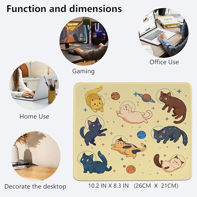 Yellow Funny Cats in Space Mouse Pad,Cute Cat Desk Mat,Cat Desk Accessories for Dorm Home Office Desktop Decor,Gift for Cat Lovers,10.2x8.2 in