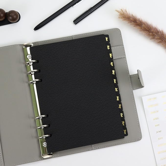 Leather Textured A5 Paper Card Dividers 6 Holes 12 Month Index Page Tab Divider for Travel Diary Binder Notebooks Journal Plan (12 Monthly Tabs)