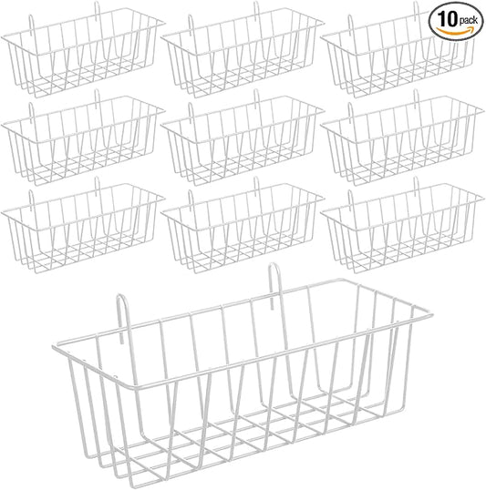 10Pcs Grid Panel Hanging Wire Basket Metal Grid Wall Basket No Drilling Wall Storage Baskets for Kitchen, Home Decor Supplies, Potted Plants, White
