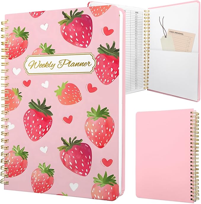 Weekly Planner Undated - 52 Weeks To Do List Notebook A5 for Work: Weekly Task, Habit Tracker Journal, Goal Setting, Agenda Sprial Bound Organizer Book Women Cute Stylish Design, Strawberry