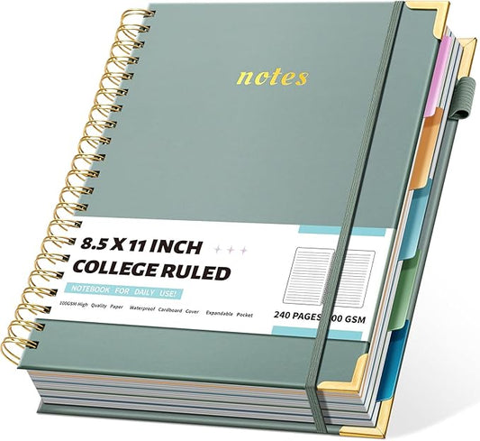 Hardcover Spiral Notebooks 8.5" X 11" Note Taking 5 Subject Notebook College Ruled with Dividers 240 Pages 100GSM Aesthetic Spiral Notebook for Work School Cute Journals for Women Writing, Light Green