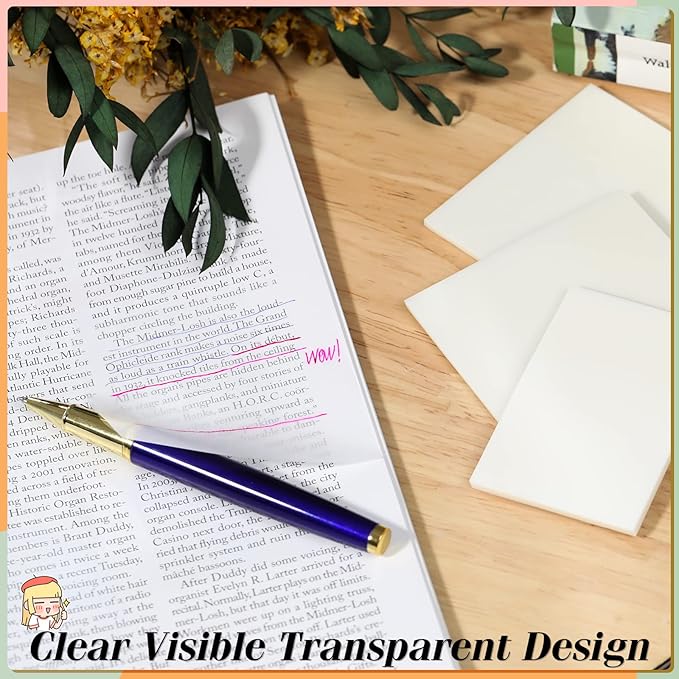 [1000 PCS] Transparent Sticky Notes, 6 Sizes Clear Sticky Notes Pads, Waterproof Self-Adhesive Translucent Sticky Notes for Annotating Books, See Through Sticky Notes for School & Office (Pack of 2)