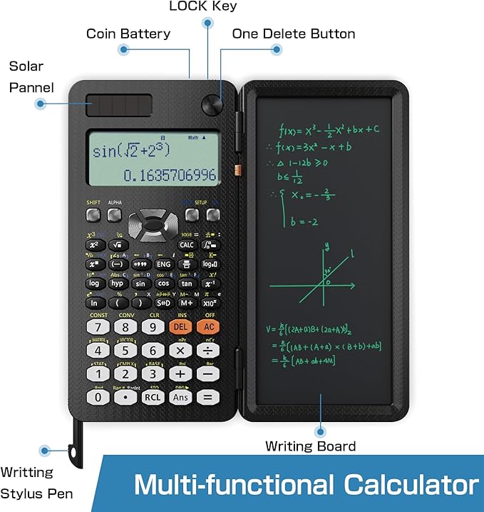 Scientific Calculators for Students 991ES Office Calculators Desktop, ROATEE 4-Line Display Calculator with Erasable LCD Writing Tablet, Solar Battery Power with Notepad Calculator School Supplies