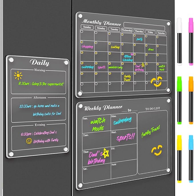 DIYMAG Magnetic Calendar for Refrigerator 3 PCS Dry Erase Whiteboard 15.2"x11.2" Magnet Fridge Monthly Weekly Daily White Board Planning Acrylic Clear Apartment Decor Meal Planner with 6 Colors Markers